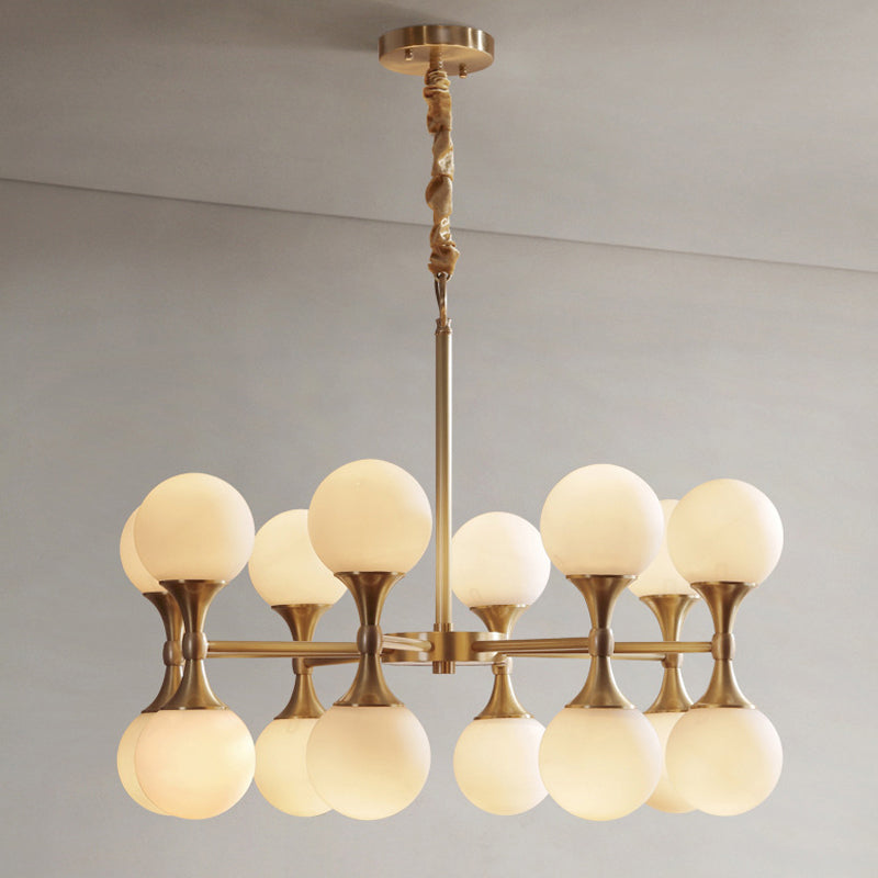 Brass Globe Hanging Ceiling Light Postmodern 12/16 Heads Opal Glass Chandelier Light Clearhalo 'Ceiling Lights' 'Chandeliers' 'Glass shade' 'Glass' 'Island Lights' 'Modern Chandeliers' 'Modern' Lighting' 288926