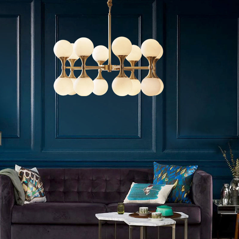 Brass Globe Hanging Ceiling Light Postmodern 12/16 Heads Opal Glass Chandelier Light Clearhalo 'Ceiling Lights' 'Chandeliers' 'Glass shade' 'Glass' 'Island Lights' 'Modern Chandeliers' 'Modern' Lighting' 288927