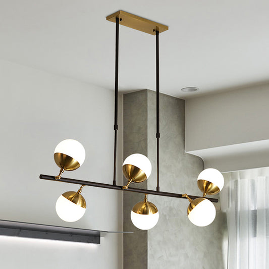 Linear Metal Island Ceiling Light Postmodern 6 Lights Black Hanging Lamp Kit with Opal Glass Shade Black-Gold Clearhalo 'Ceiling Lights' 'Glass shade' 'Glass' 'Island Lights' 'Pendant Lights' Lighting' 288951