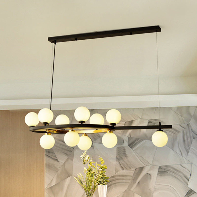 Black Oval Hanging Light Fixture Nordic 11 Heads Metal Island Lighting with Ball Opal Glass Shade Black Clearhalo 'Ceiling Lights' 'Glass shade' 'Glass' 'Island Lights' 'Pendant Lights' Lighting' 288976