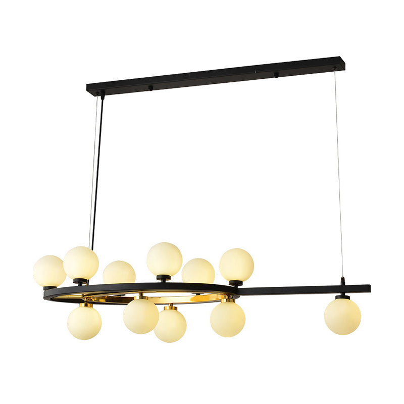 Black Oval Hanging Light Fixture Nordic 11 Heads Metal Island Lighting with Ball Opal Glass Shade Clearhalo 'Ceiling Lights' 'Glass shade' 'Glass' 'Island Lights' 'Pendant Lights' Lighting' 288980