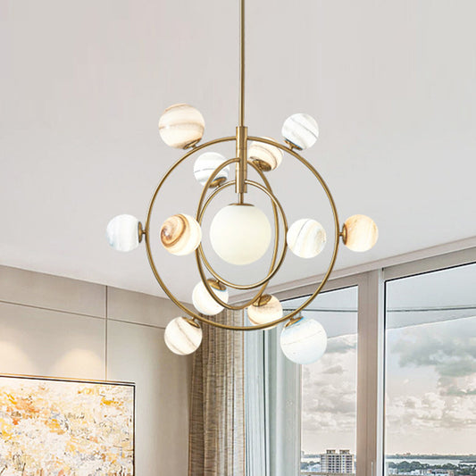 Gold Orbit Chandelier Light Fixture Modernism 13 Lights Metal Hanging Lamp Kit with Ball Glass Shade Gold Clearhalo 'Ceiling Lights' 'Chandeliers' 'Glass shade' 'Glass' 'Modern Chandeliers' 'Modern' 'Pendant Lights' Lighting' 288983