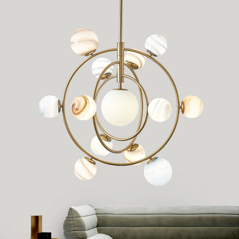 Gold Orbit Chandelier Light Fixture Modernism 13 Lights Metal Hanging Lamp Kit with Ball Glass Shade Clearhalo 'Ceiling Lights' 'Chandeliers' 'Glass shade' 'Glass' 'Modern Chandeliers' 'Modern' 'Pendant Lights' Lighting' 288984