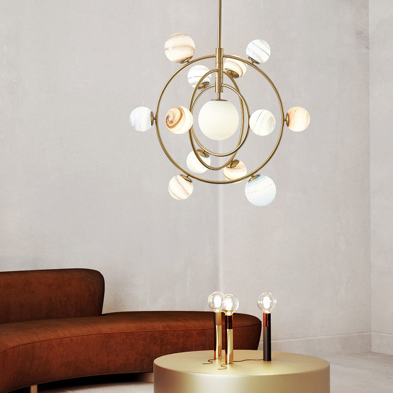 Gold Orbit Chandelier Light Fixture Modernism 13 Lights Metal Hanging Lamp Kit with Ball Glass Shade Clearhalo 'Ceiling Lights' 'Chandeliers' 'Glass shade' 'Glass' 'Modern Chandeliers' 'Modern' 'Pendant Lights' Lighting' 288985