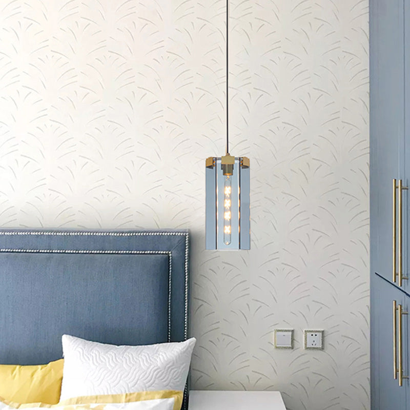 1 Head Bedroom Hanging Light Kit Modern Gold Pendant Lamp with Hexagon Blue Gray Glass Shade Clearhalo 'Ceiling Lights' 'Modern Pendants' 'Modern' 'Pendant Lights' 'Pendants' Lighting' 289010