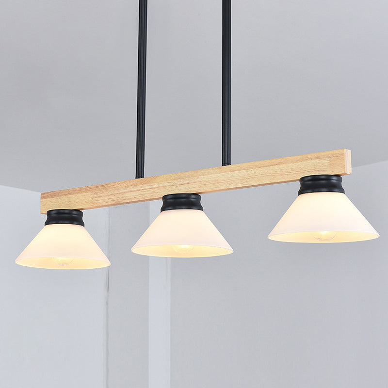 Linear Island Ceiling Light Contemporary Wood 3 Heads Dining Room Hanging Lamp Kit with Gold/Black Rod Clearhalo 'Ceiling Lights' 'Island Lights' Lighting' 289027