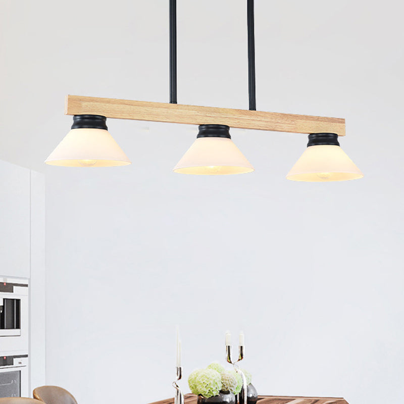 Linear Island Ceiling Light Contemporary Wood 3 Heads Dining Room Hanging Lamp Kit with Gold/Black Rod Clearhalo 'Ceiling Lights' 'Island Lights' Lighting' 289028