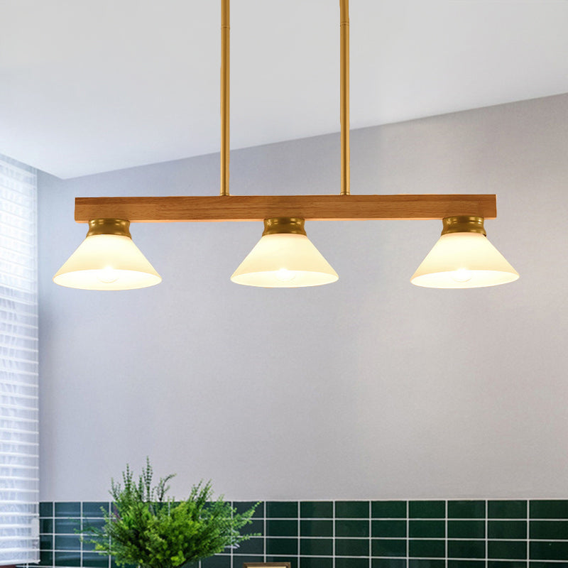 Linear Island Ceiling Light Contemporary Wood 3 Heads Dining Room Hanging Lamp Kit with Gold/Black Rod Clearhalo 'Ceiling Lights' 'Island Lights' Lighting' 289033