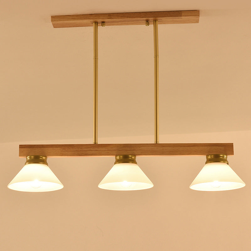 Linear Island Ceiling Light Contemporary Wood 3 Heads Dining Room Hanging Lamp Kit with Gold/Black Rod Clearhalo 'Ceiling Lights' 'Island Lights' Lighting' 289034