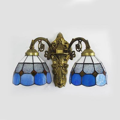 2 Heads Beige/Blue Bowl Wall Lighting Vintage Retro Style Stained Glass Sconce Lamp in Aged Brass Blue Clearhalo 'Industrial' 'Middle century wall lights' 'Tiffany wall lights' 'Tiffany' 'Wall Lamps & Sconces' 'Wall Lights' Lighting' 28903