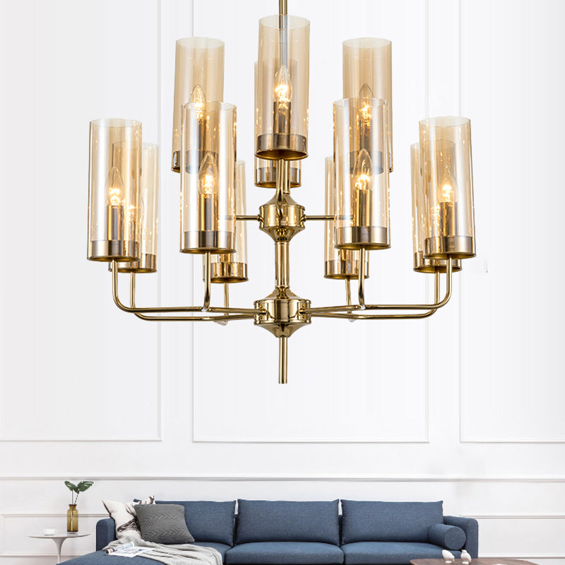 Cylinder Hanging Lamp Kit Postmodern Blue/Cognac Glass 12 Heads Dining Room Chandelier Lighting Cognac Clearhalo 'Ceiling Lights' 'Chandeliers' 'Glass shade' 'Glass' 'Modern Chandeliers' 'Modern' 'Pendant Lights' Lighting' 289082