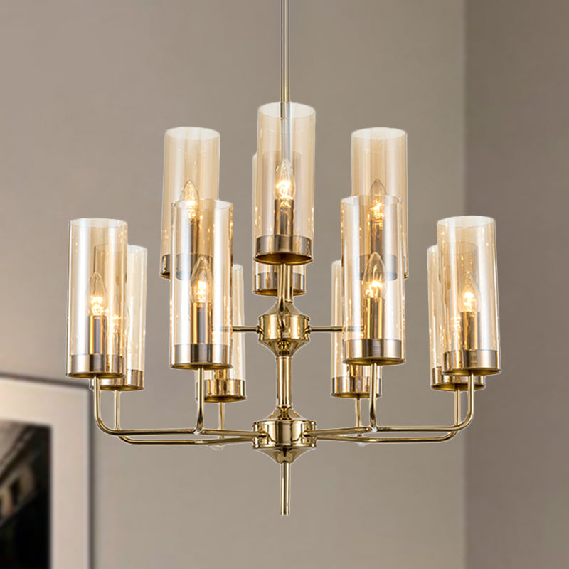 Cylinder Hanging Lamp Kit Postmodern Blue/Cognac Glass 12 Heads Dining Room Chandelier Lighting Clearhalo 'Ceiling Lights' 'Chandeliers' 'Glass shade' 'Glass' 'Modern Chandeliers' 'Modern' 'Pendant Lights' Lighting' 289083