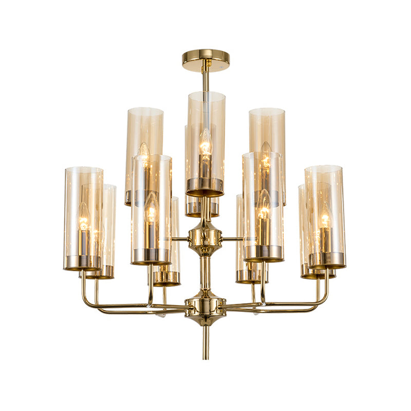 Cylinder Hanging Lamp Kit Postmodern Blue/Cognac Glass 12 Heads Dining Room Chandelier Lighting Clearhalo 'Ceiling Lights' 'Chandeliers' 'Glass shade' 'Glass' 'Modern Chandeliers' 'Modern' 'Pendant Lights' Lighting' 289086