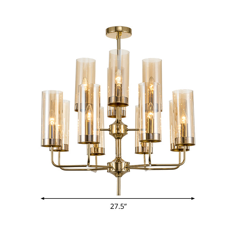 Cylinder Hanging Lamp Kit Postmodern Blue/Cognac Glass 12 Heads Dining Room Chandelier Lighting Clearhalo 'Ceiling Lights' 'Chandeliers' 'Glass shade' 'Glass' 'Modern Chandeliers' 'Modern' 'Pendant Lights' Lighting' 289087