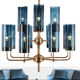 Cylinder Hanging Lamp Kit Postmodern Blue/Cognac Glass 12 Heads Dining Room Chandelier Lighting Blue Clearhalo 'Ceiling Lights' 'Chandeliers' 'Glass shade' 'Glass' 'Modern Chandeliers' 'Modern' 'Pendant Lights' Lighting' 289089