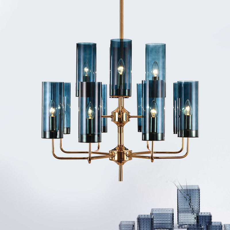 Cylinder Hanging Lamp Kit Postmodern Blue/Cognac Glass 12 Heads Dining Room Chandelier Lighting Clearhalo 'Ceiling Lights' 'Chandeliers' 'Glass shade' 'Glass' 'Modern Chandeliers' 'Modern' 'Pendant Lights' Lighting' 289090