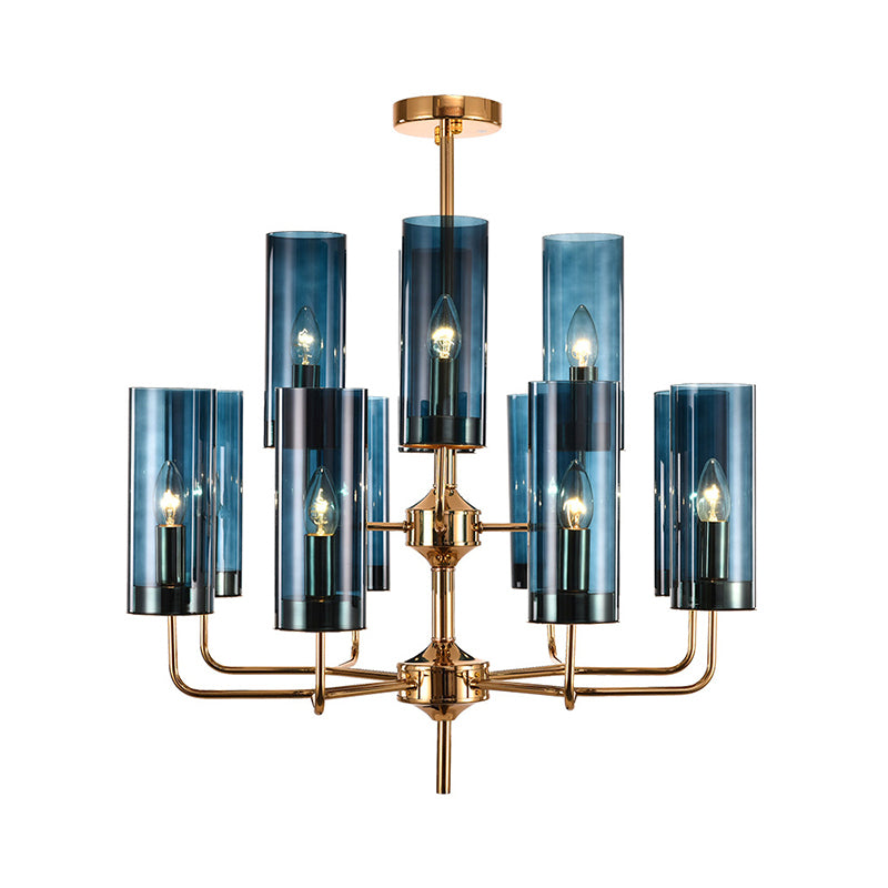 Cylinder Hanging Lamp Kit Postmodern Blue/Cognac Glass 12 Heads Dining Room Chandelier Lighting Clearhalo 'Ceiling Lights' 'Chandeliers' 'Glass shade' 'Glass' 'Modern Chandeliers' 'Modern' 'Pendant Lights' Lighting' 289092