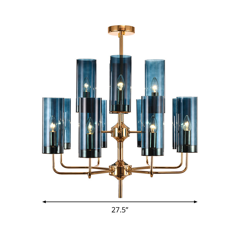 Cylinder Hanging Lamp Kit Postmodern Blue/Cognac Glass 12 Heads Dining Room Chandelier Lighting Clearhalo 'Ceiling Lights' 'Chandeliers' 'Glass shade' 'Glass' 'Modern Chandeliers' 'Modern' 'Pendant Lights' Lighting' 289093