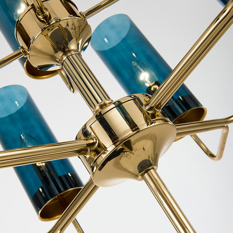 Cylinder Hanging Lamp Kit Postmodern Blue/Cognac Glass 12 Heads Dining Room Chandelier Lighting Clearhalo 'Ceiling Lights' 'Chandeliers' 'Glass shade' 'Glass' 'Modern Chandeliers' 'Modern' 'Pendant Lights' Lighting' 289094