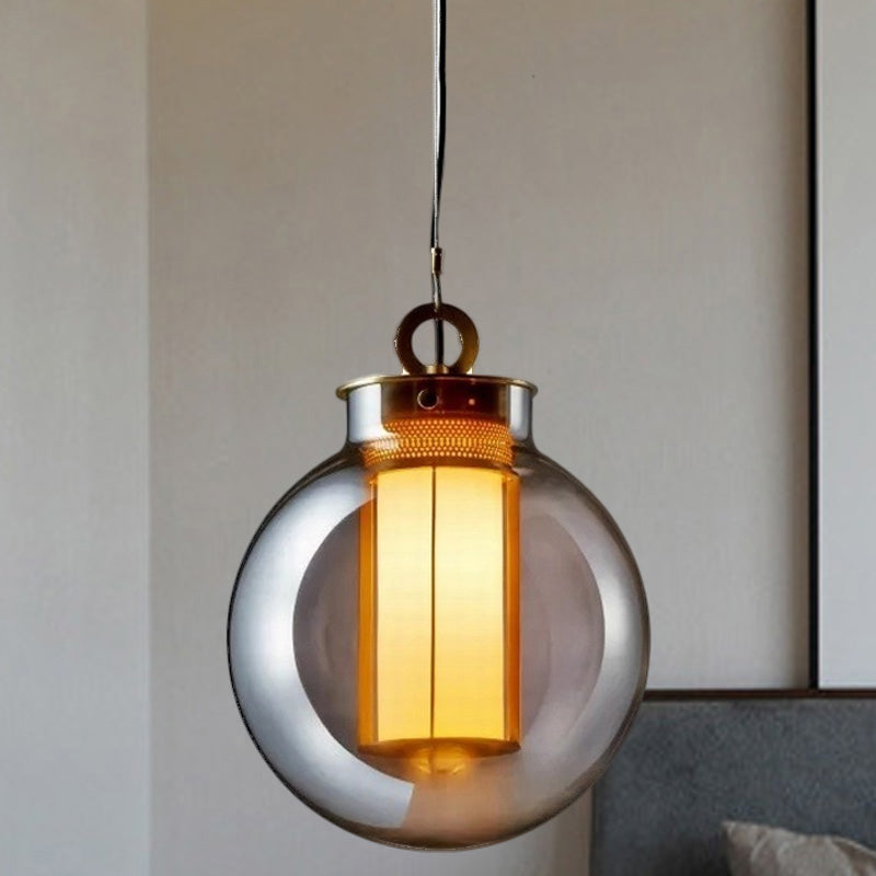 Nordic Globe Hanging Pendant Light Smoke Gray Glass 1 Head Bedroom Hanging Lamp Kit with Inner Cylinder White Glass Shade Clearhalo 'Ceiling Lights' 'Modern Pendants' 'Modern' 'Pendant Lights' 'Pendants' Lighting' 289096