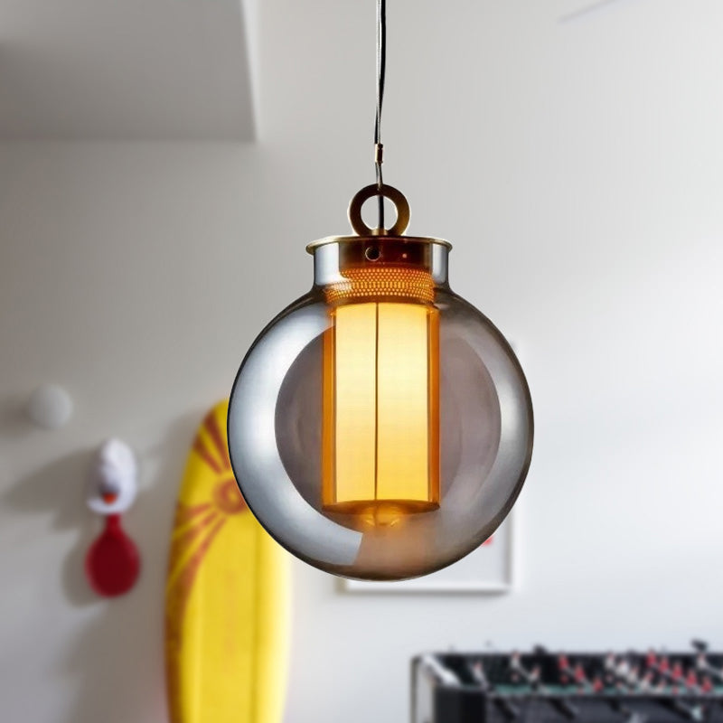 Nordic Globe Hanging Pendant Light Smoke Gray Glass 1 Head Bedroom Hanging Lamp Kit with Inner Cylinder White Glass Shade Clearhalo 'Ceiling Lights' 'Modern Pendants' 'Modern' 'Pendant Lights' 'Pendants' Lighting' 289097