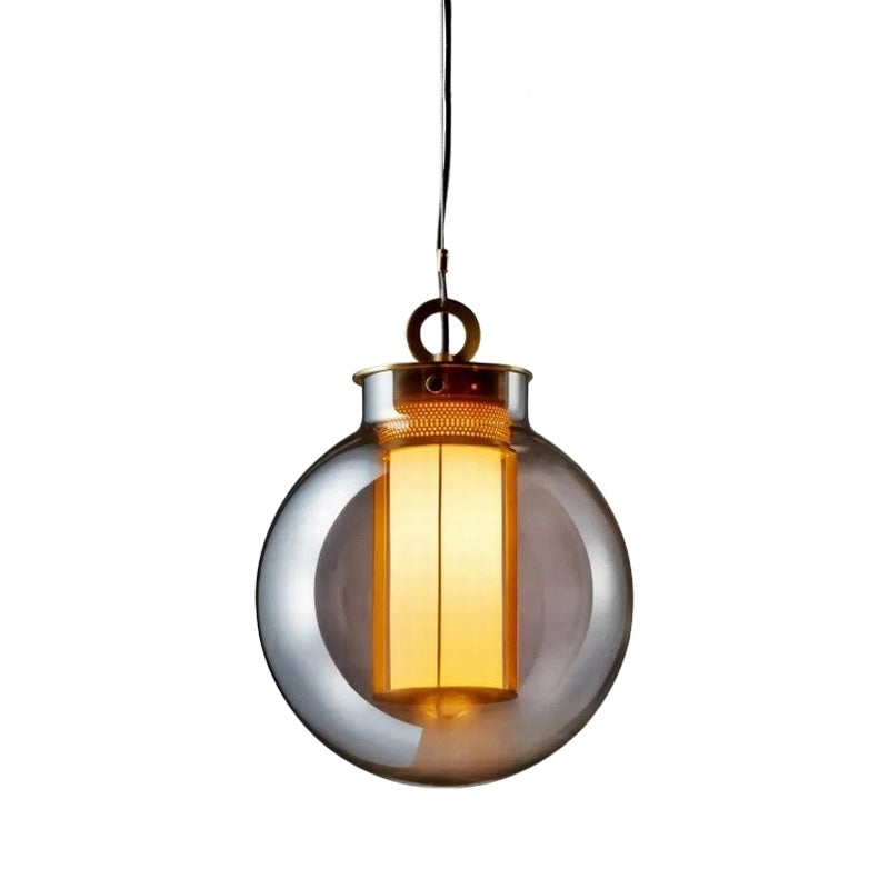 Nordic Globe Hanging Pendant Light Smoke Gray Glass 1 Head Bedroom Hanging Lamp Kit with Inner Cylinder White Glass Shade Clearhalo 'Ceiling Lights' 'Modern Pendants' 'Modern' 'Pendant Lights' 'Pendants' Lighting' 289099