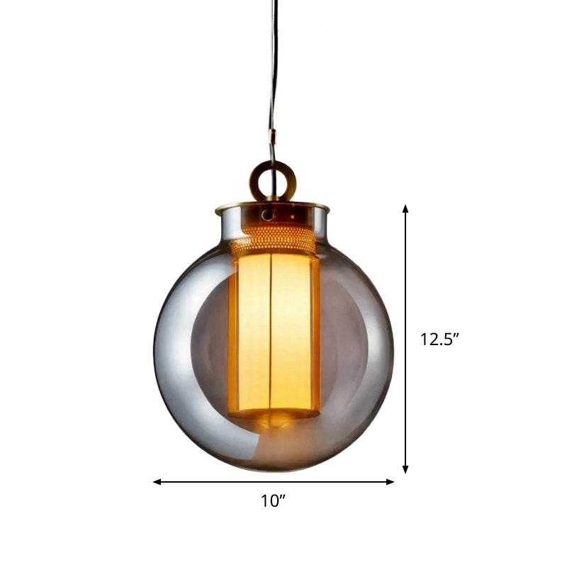 Nordic Globe Hanging Pendant Light Smoke Gray Glass 1 Head Bedroom Hanging Lamp Kit with Inner Cylinder White Glass Shade Clearhalo 'Ceiling Lights' 'Modern Pendants' 'Modern' 'Pendant Lights' 'Pendants' Lighting' 289100