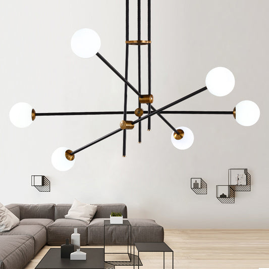 Crossed Line Hanging Lamp Minimalist Metal 6 Heads Black Chandelier Light with Globe Opal Glass Shade Black Clearhalo 'Ceiling Lights' 'Chandeliers' 'Glass shade' 'Glass' 'Modern Chandeliers' 'Modern' 'Pendant Lights' Lighting' 289126
