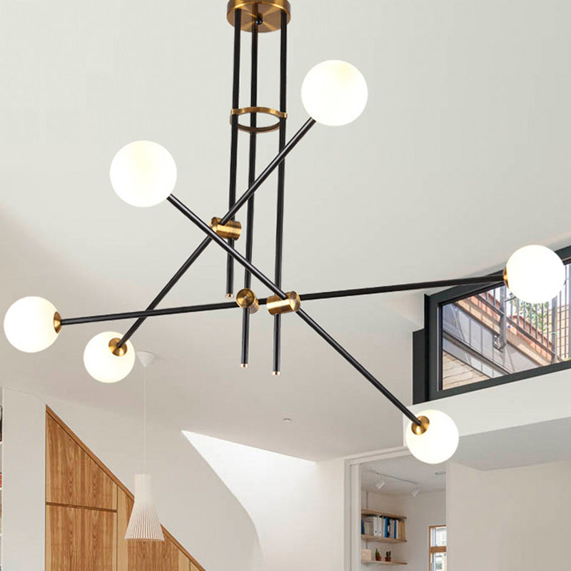 Crossed Line Hanging Lamp Minimalist Metal 6 Heads Black Chandelier Light with Globe Opal Glass Shade Clearhalo 'Ceiling Lights' 'Chandeliers' 'Glass shade' 'Glass' 'Modern Chandeliers' 'Modern' 'Pendant Lights' Lighting' 289127