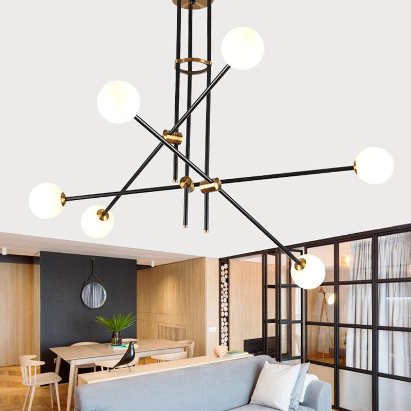 Crossed Line Hanging Lamp Minimalist Metal 6 Heads Black Chandelier Light with Globe Opal Glass Shade Clearhalo 'Ceiling Lights' 'Chandeliers' 'Glass shade' 'Glass' 'Modern Chandeliers' 'Modern' 'Pendant Lights' Lighting' 289128