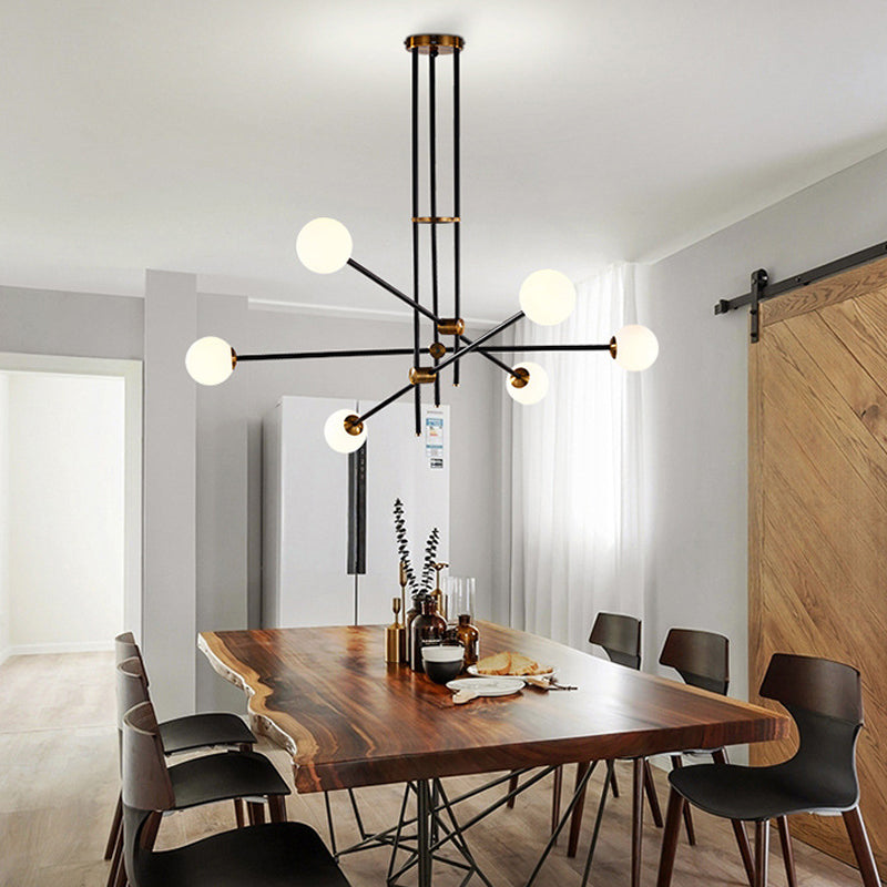 Crossed Line Hanging Lamp Minimalist Metal 6 Heads Black Chandelier Light with Globe Opal Glass Shade Clearhalo 'Ceiling Lights' 'Chandeliers' 'Glass shade' 'Glass' 'Modern Chandeliers' 'Modern' 'Pendant Lights' Lighting' 289129