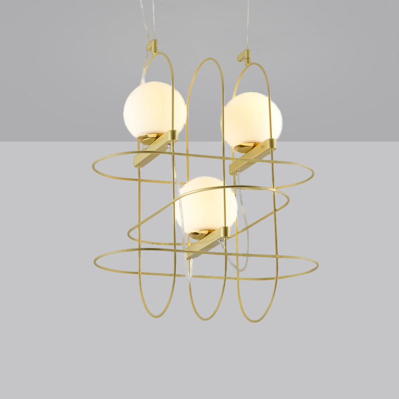 Gold Oval Frame Hanging Ceiling Light Modern 3 Heads Metal Chandelier Lamp with Orb Opal Glass Shade Gold Clearhalo 'Ceiling Lights' 'Chandeliers' 'Modern Chandeliers' 'Modern' Lighting' 289133