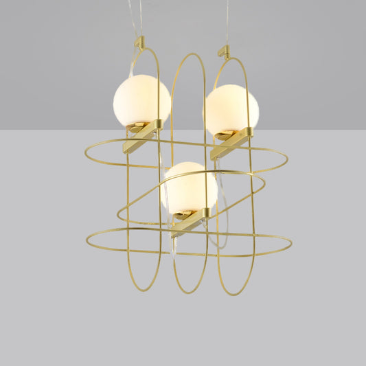 Gold Oval Frame Hanging Ceiling Light Modern 3 Heads Metal Chandelier Lamp with Orb Opal Glass Shade Gold Clearhalo 'Ceiling Lights' 'Chandeliers' 'Modern Chandeliers' 'Modern' Lighting' 289133