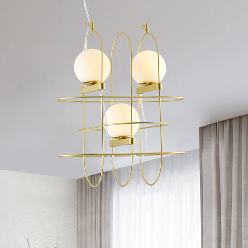 Gold Oval Frame Hanging Ceiling Light Modern 3 Heads Metal Chandelier Lamp with Orb Opal Glass Shade Clearhalo 'Ceiling Lights' 'Chandeliers' 'Modern Chandeliers' 'Modern' Lighting' 289134