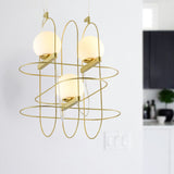 Gold Oval Frame Hanging Ceiling Light Modern 3 Heads Metal Chandelier Lamp with Orb Opal Glass Shade Clearhalo 'Ceiling Lights' 'Chandeliers' 'Modern Chandeliers' 'Modern' Lighting' 289135