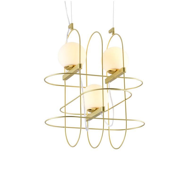 Gold Oval Frame Hanging Ceiling Light Modern 3 Heads Metal Chandelier Lamp with Orb Opal Glass Shade Clearhalo 'Ceiling Lights' 'Chandeliers' 'Modern Chandeliers' 'Modern' Lighting' 289137