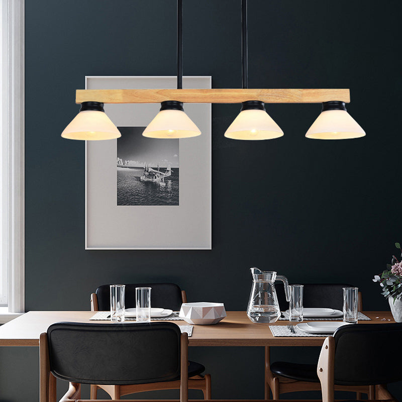 Nordic Linear Wood Hanging Light 4 Heads Island Ceiling Light in Gold/Black Finish with Cone Opal Glass Shade Clearhalo 'Ceiling Lights' 'Island Lights' Lighting' 289142
