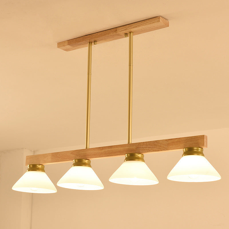 Nordic Linear Wood Hanging Light 4 Heads Island Ceiling Light in Gold/Black Finish with Cone Opal Glass Shade Clearhalo 'Ceiling Lights' 'Island Lights' Lighting' 289146