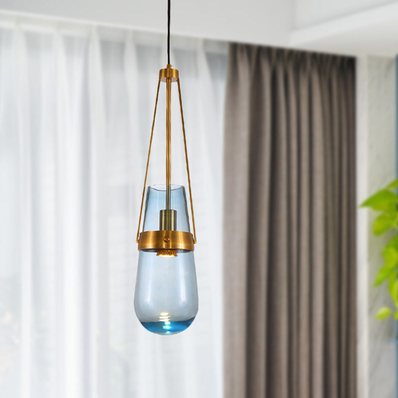 Cone Pendant Light Postmodern Blue/Clear Glass 1 Head Bedroom Hanging Light Kit in Gold Blue Clearhalo 'Ceiling Lights' 'Modern Pendants' 'Modern' 'Pendant Lights' 'Pendants' Lighting' 289151