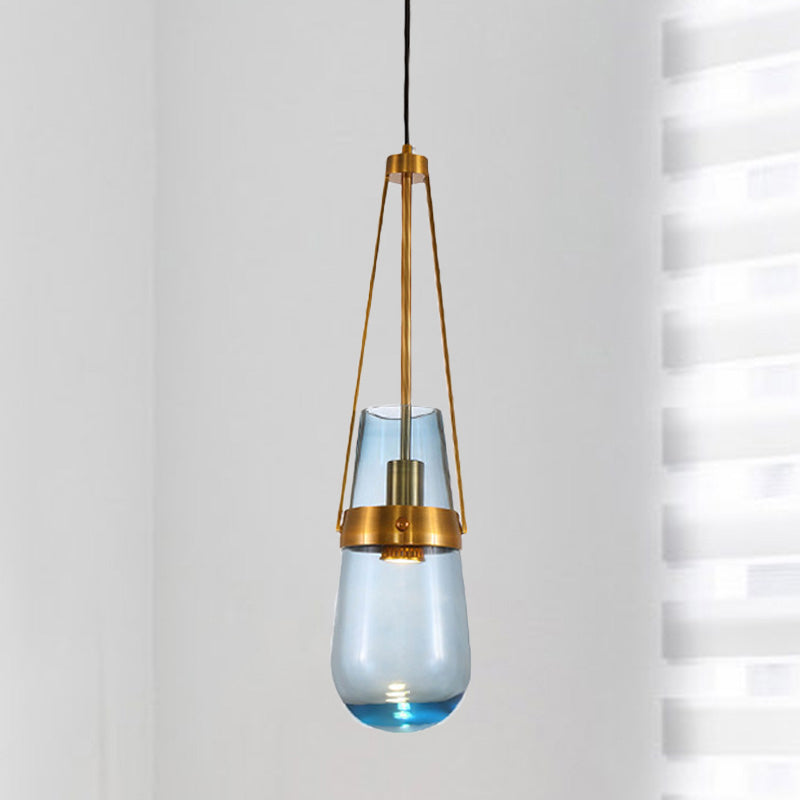 Cone Pendant Light Postmodern Blue/Clear Glass 1 Head Bedroom Hanging Light Kit in Gold Clearhalo 'Ceiling Lights' 'Modern Pendants' 'Modern' 'Pendant Lights' 'Pendants' Lighting' 289152