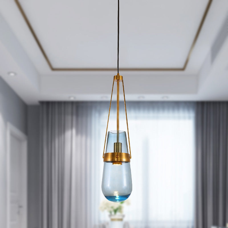 Cone Pendant Light Postmodern Blue/Clear Glass 1 Head Bedroom Hanging Light Kit in Gold Clearhalo 'Ceiling Lights' 'Modern Pendants' 'Modern' 'Pendant Lights' 'Pendants' Lighting' 289153