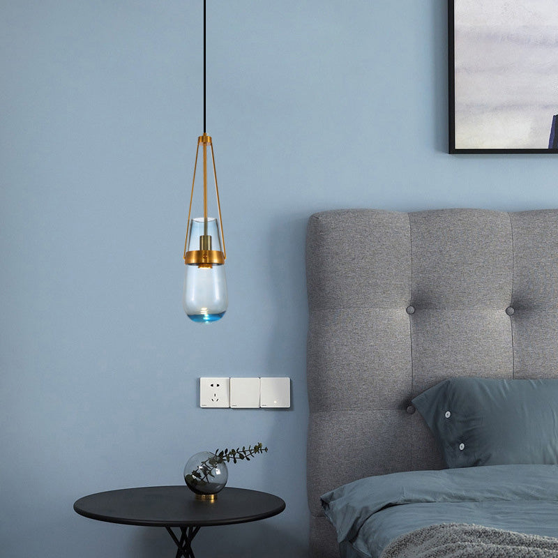 Cone Pendant Light Postmodern Blue/Clear Glass 1 Head Bedroom Hanging Light Kit in Gold Clearhalo 'Ceiling Lights' 'Modern Pendants' 'Modern' 'Pendant Lights' 'Pendants' Lighting' 289155