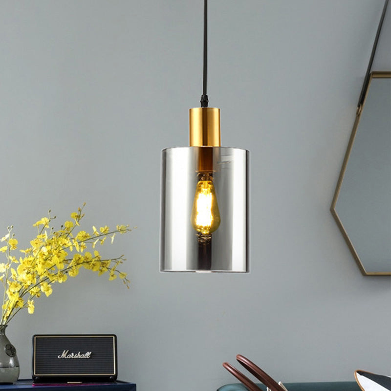 Cylinder Pendant Light Fixture Postmodern Smoke Gray Glass 1 Head Bedroom Hanging Lamp Kit Smoke Gray Clearhalo 'Ceiling Lights' 'Modern Pendants' 'Modern' 'Pendant Lights' 'Pendants' Lighting' 289173