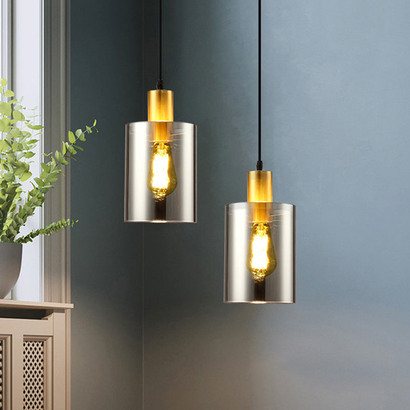 Cylinder Pendant Light Fixture Postmodern Smoke Gray Glass 1 Head Bedroom Hanging Lamp Kit Clearhalo 'Ceiling Lights' 'Modern Pendants' 'Modern' 'Pendant Lights' 'Pendants' Lighting' 289174