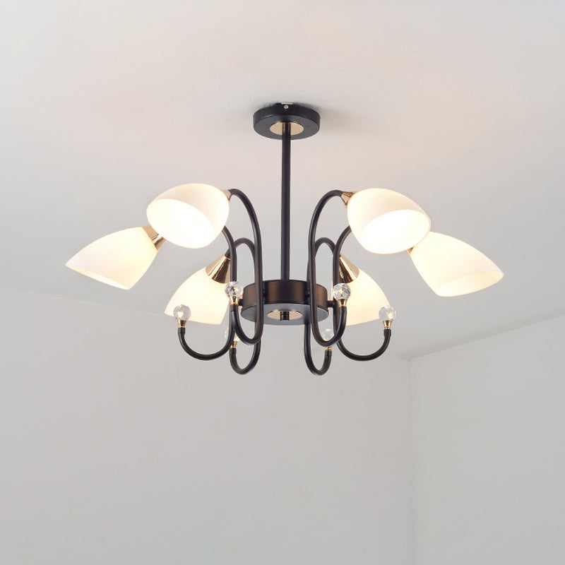 Black Curve Arm Hanging Ceiling Light Rustic 6/8/10 Heads Black Iron Chandelier Light with Cone Frosted Glass Shade Clearhalo 'Ceiling Lights' 'Chandeliers' 'Close To Ceiling Lights' 'Glass shade' 'Glass' 'Modern Chandeliers' 'Modern' Lighting' 289182