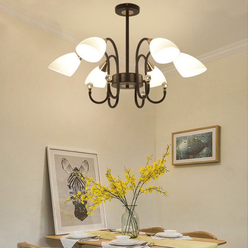 Black Curve Arm Hanging Ceiling Light Rustic 6/8/10 Heads Black Iron Chandelier Light with Cone Frosted Glass Shade Clearhalo 'Ceiling Lights' 'Chandeliers' 'Close To Ceiling Lights' 'Glass shade' 'Glass' 'Modern Chandeliers' 'Modern' Lighting' 289183