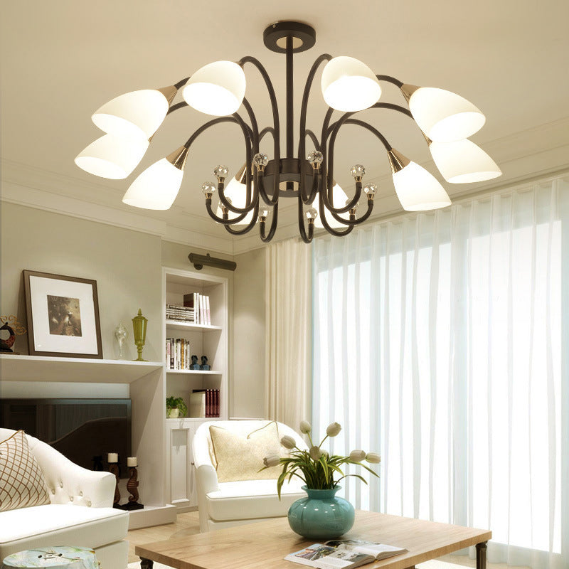 Black Curve Arm Hanging Ceiling Light Rustic 6/8/10 Heads Black Iron Chandelier Light with Cone Frosted Glass Shade Clearhalo 'Ceiling Lights' 'Chandeliers' 'Close To Ceiling Lights' 'Glass shade' 'Glass' 'Modern Chandeliers' 'Modern' Lighting' 289195