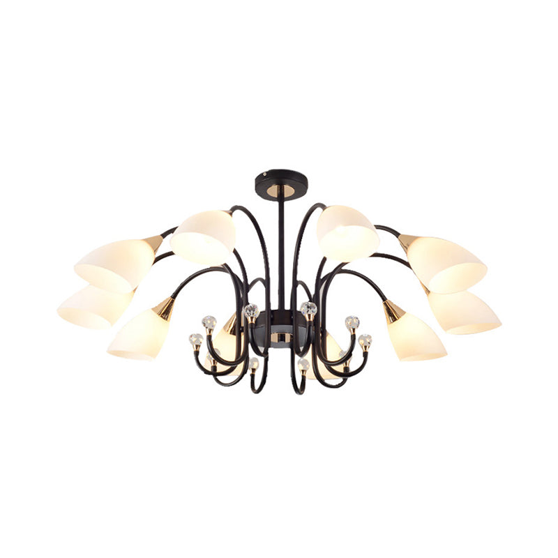 Black Curve Arm Hanging Ceiling Light Rustic 6/8/10 Heads Black Iron Chandelier Light with Cone Frosted Glass Shade Clearhalo 'Ceiling Lights' 'Chandeliers' 'Close To Ceiling Lights' 'Glass shade' 'Glass' 'Modern Chandeliers' 'Modern' Lighting' 289196