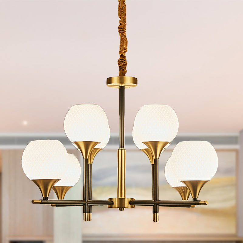 Contemporary Global Chandelier Lighting White Glass 8 Bulbs Bedroom Brass Hanging Lamp with Vertical Design Clearhalo 'Ceiling Lights' 'Chandeliers' 'Glass shade' 'Glass' 'Modern Chandeliers' 'Modern' Lighting' 289226