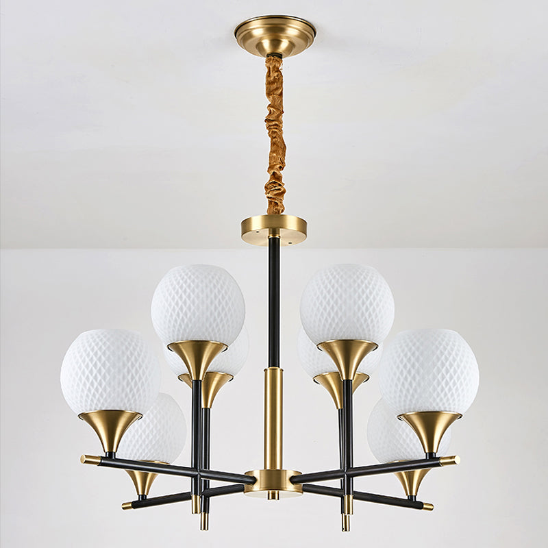 Contemporary Global Chandelier Lighting White Glass 8 Bulbs Bedroom Brass Hanging Lamp with Vertical Design Clearhalo 'Ceiling Lights' 'Chandeliers' 'Glass shade' 'Glass' 'Modern Chandeliers' 'Modern' Lighting' 289227